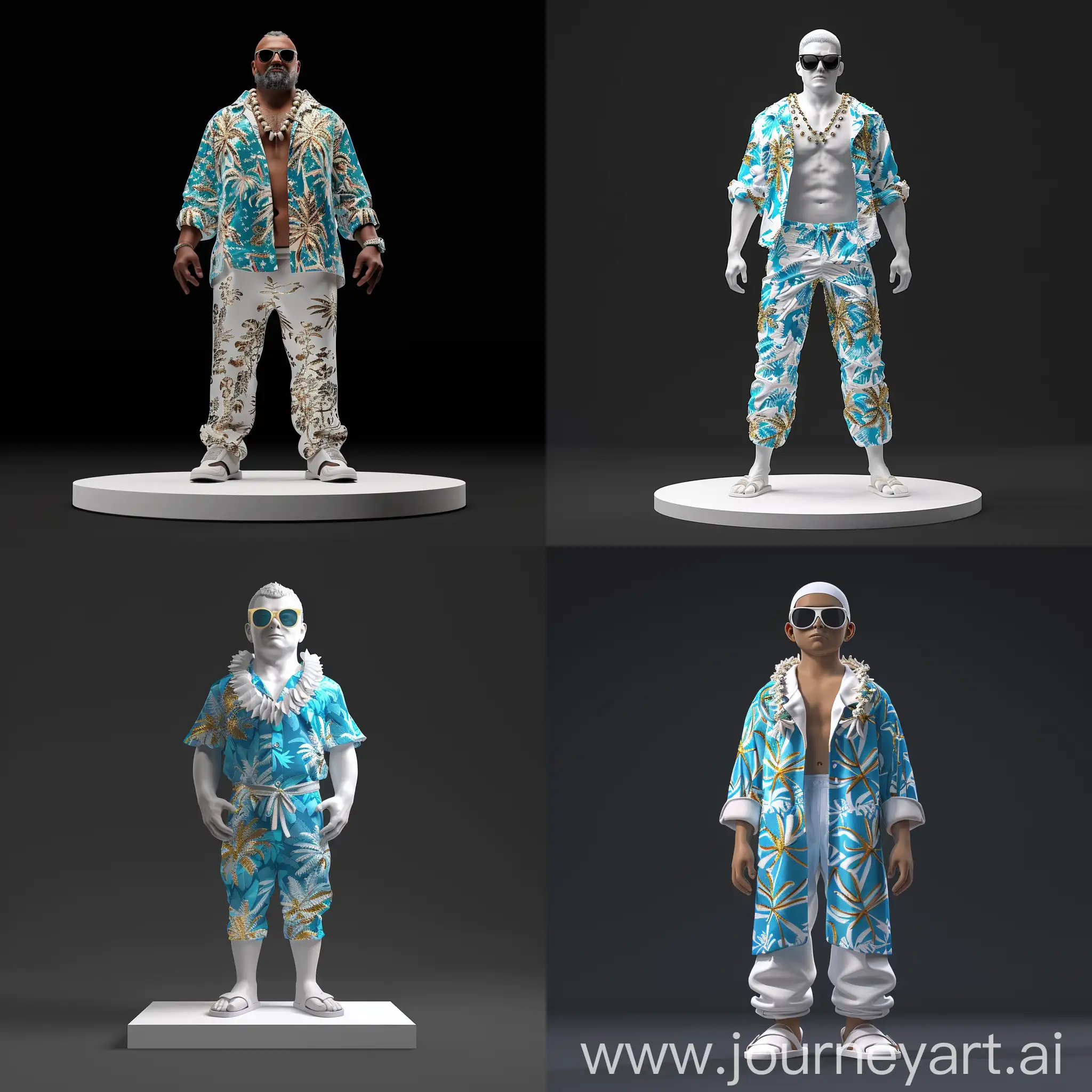 3d rendering full body character in white place, man wearing hawaii clothes and sunglasses (Blue, white, gold clothes details), Minimalism style, black background --s 200 --v 6.0 