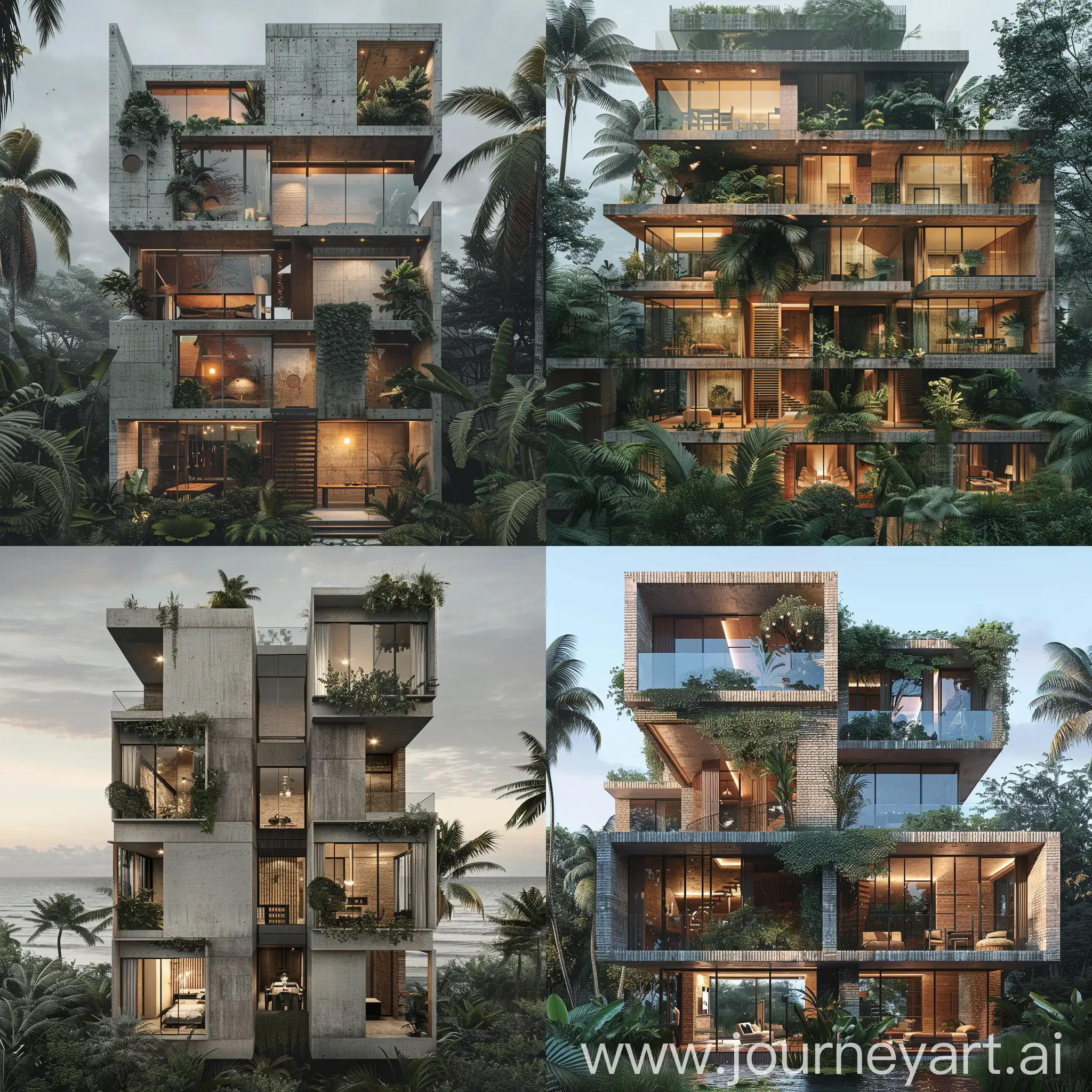 a residential building creative design with 11 levels , behind a sea and a jungle, brick and concrete and glass material, minimal design