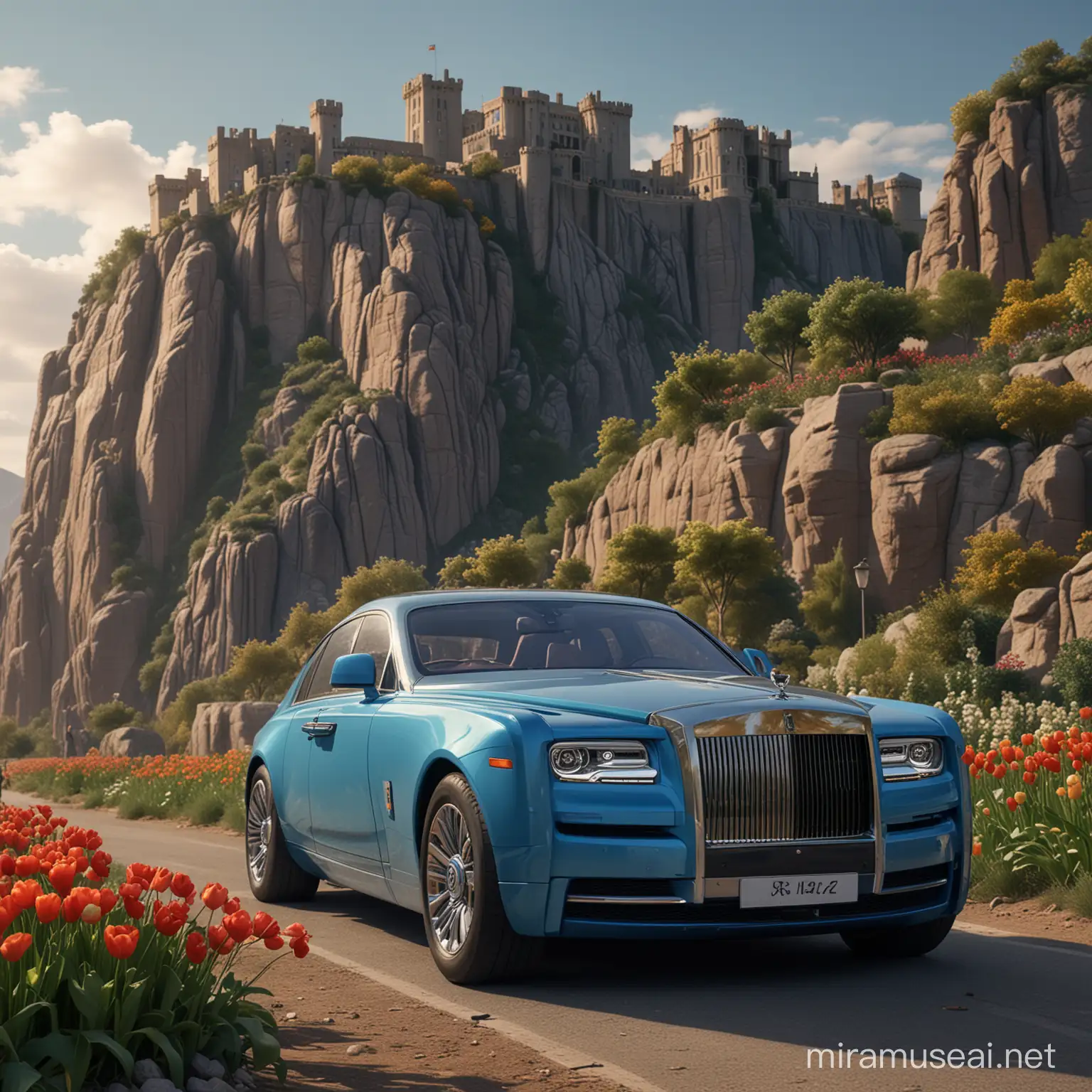 ultra detailed, 8k, moutain area,real size body supergirl longleg with superman bluesuit  standing on right of 2020 type real scale tall height huge  Rolls Royce  Extended superlong lux Silver Phantom , parked on a sharp higher cliff euro ancient castle  , Blooming with height Papaver flower and tulips，green leaves,with a cheetah crouching beside her, watching Riyadh set off dazzling fireworks，autumn early night , clearsky, cloudy,
