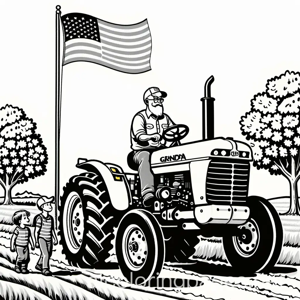 american flag, tractor, and grandpa with grand children, Coloring Page, black and white, line art, white background, Simplicity, Ample White Space. The background of the coloring page is plain white to make it easy for young children to color within the lines. The outlines of all the subjects are easy to distinguish, making it simple for kids to color without too much difficulty