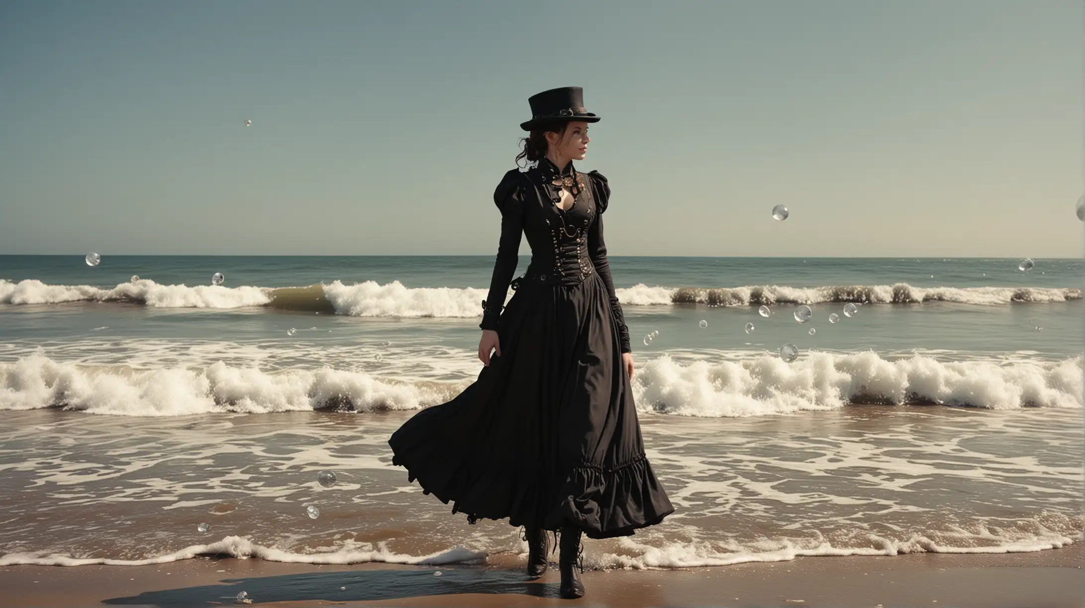 Lonely Steampunk Woman Strolling by the Seashore under Sunny Skies