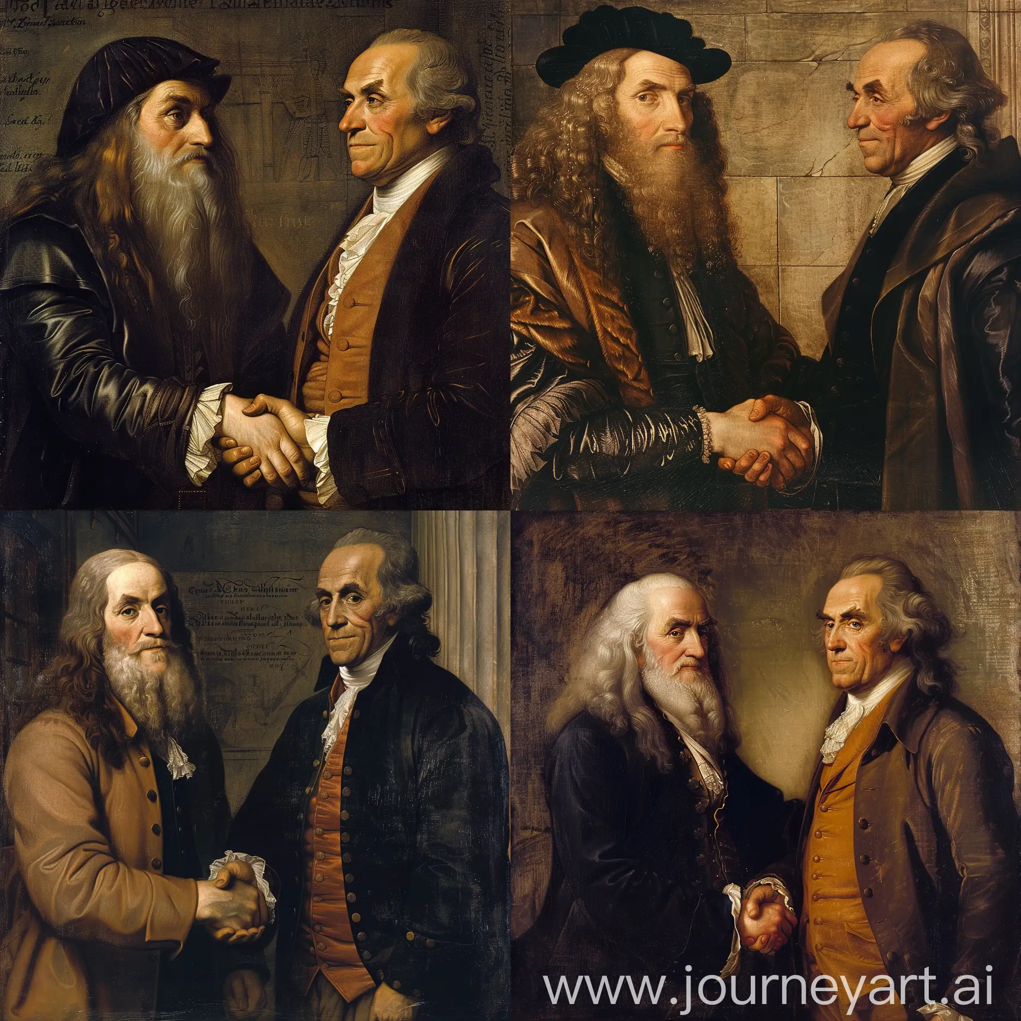 Leonardo da Vinci and Benjamin Franklin shake hands.