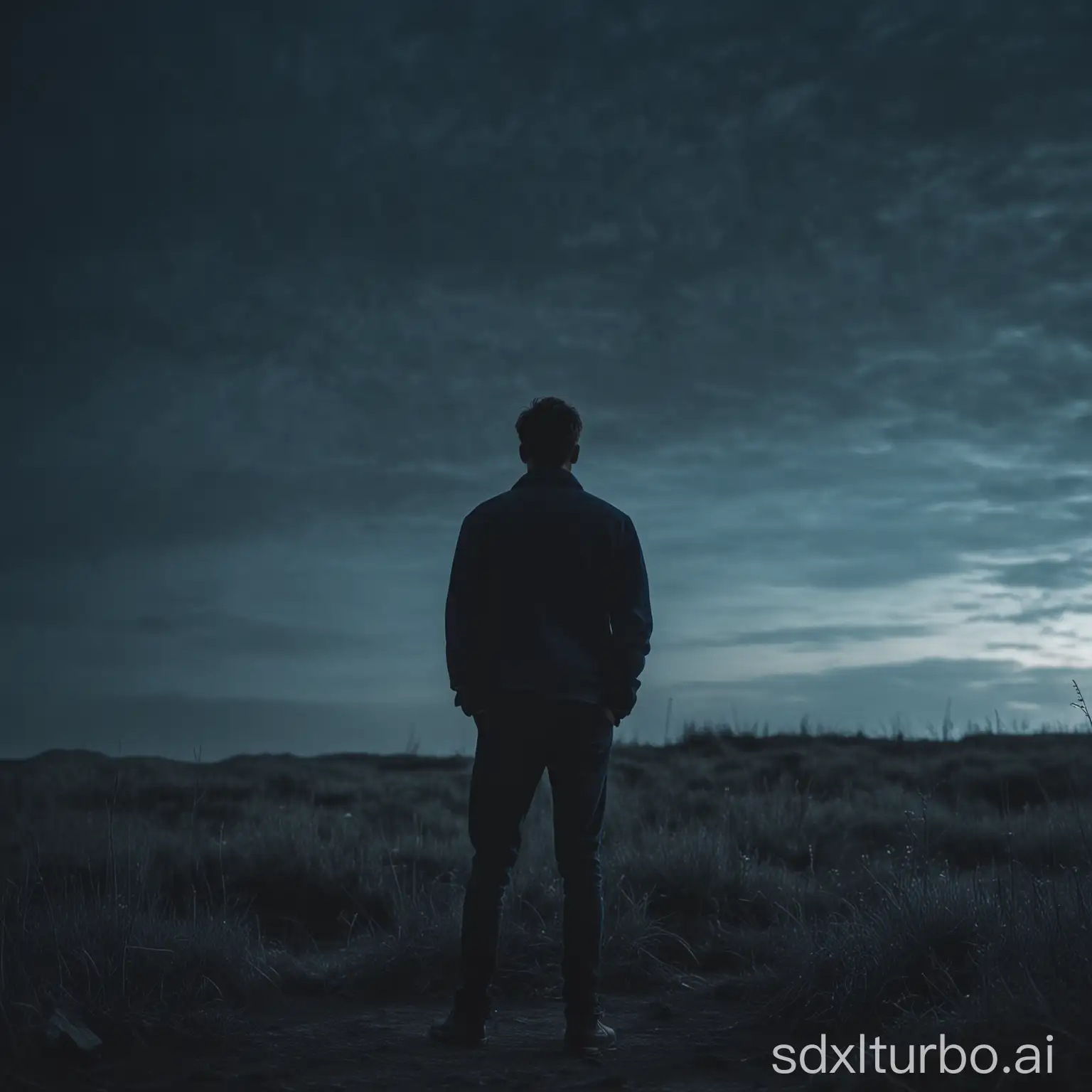 young man standing in an atmospheric dark blue evening environment