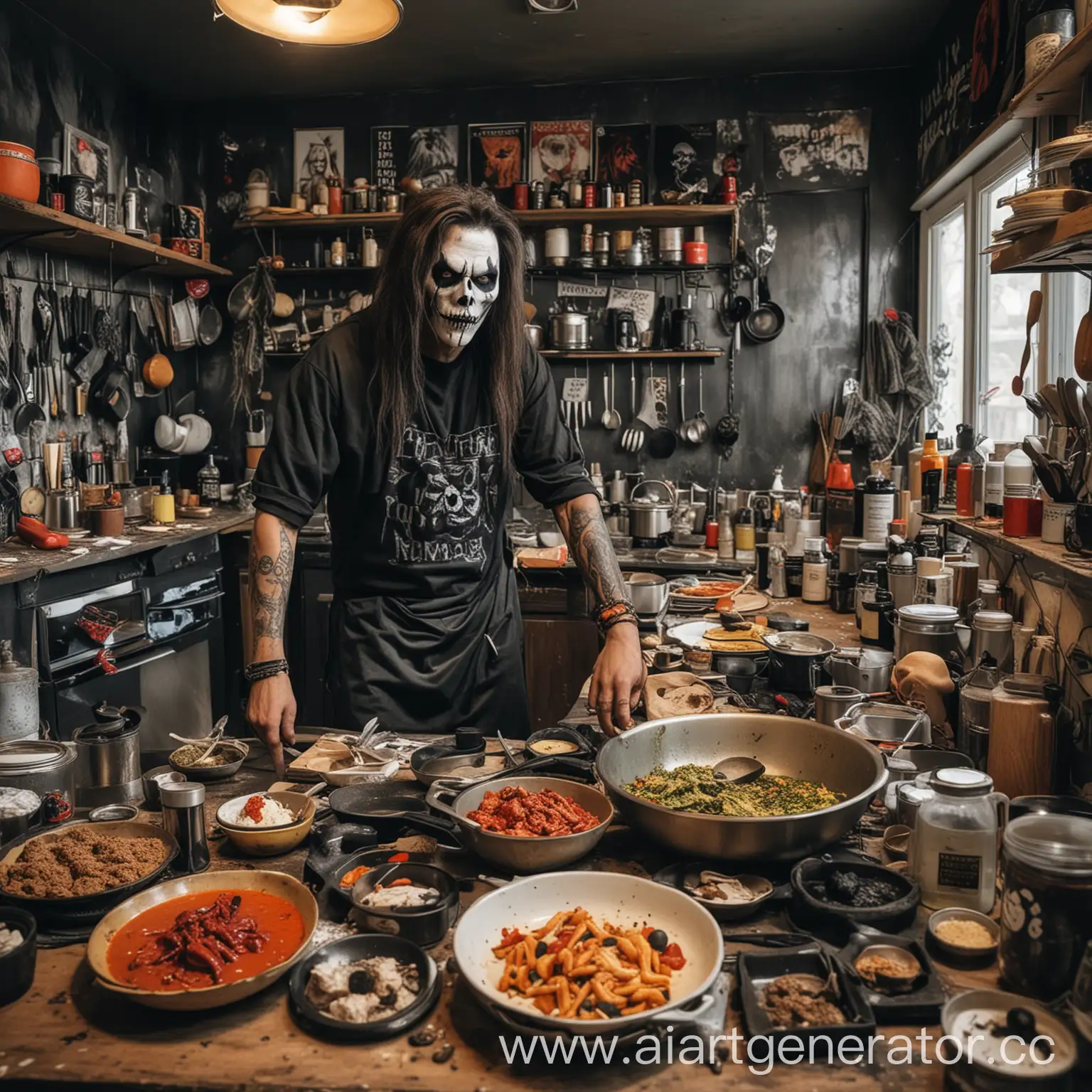 Кухня с разбросанными на столе продуктами и мужчина который готовит на этой кухне различные блюда одетый в одежду и грим death metal