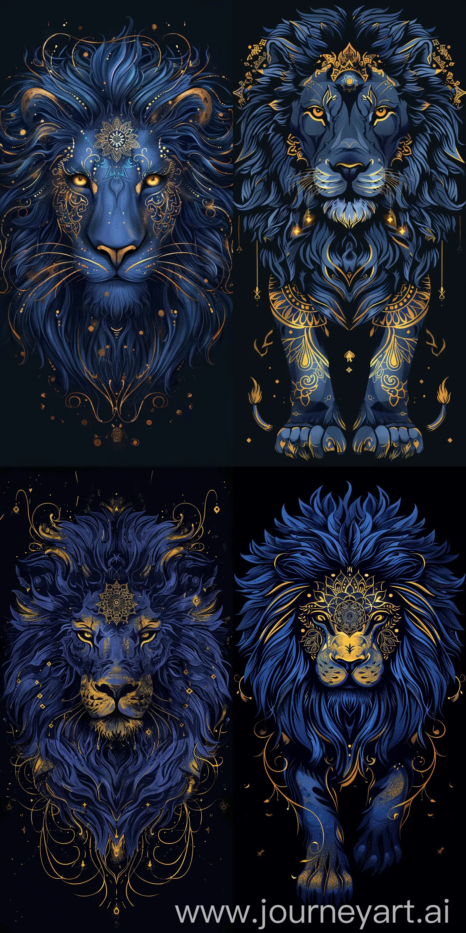 dark blue lion colors with golden elements,drawing style,mandala inside the body, black background, --ar 1:2
