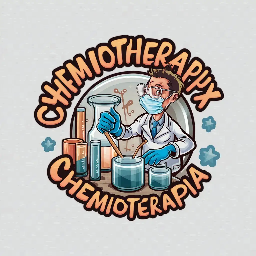 a logo design,with the text "Chemotherapy", main symbol:character in mask, glasses, latex gloves and white coat prepares chemical recipe behind and around chemical ampoules and graffiti inscription Bubble Style: 'chemioterapia' crazy doctor funny animation,Moderate,clear background