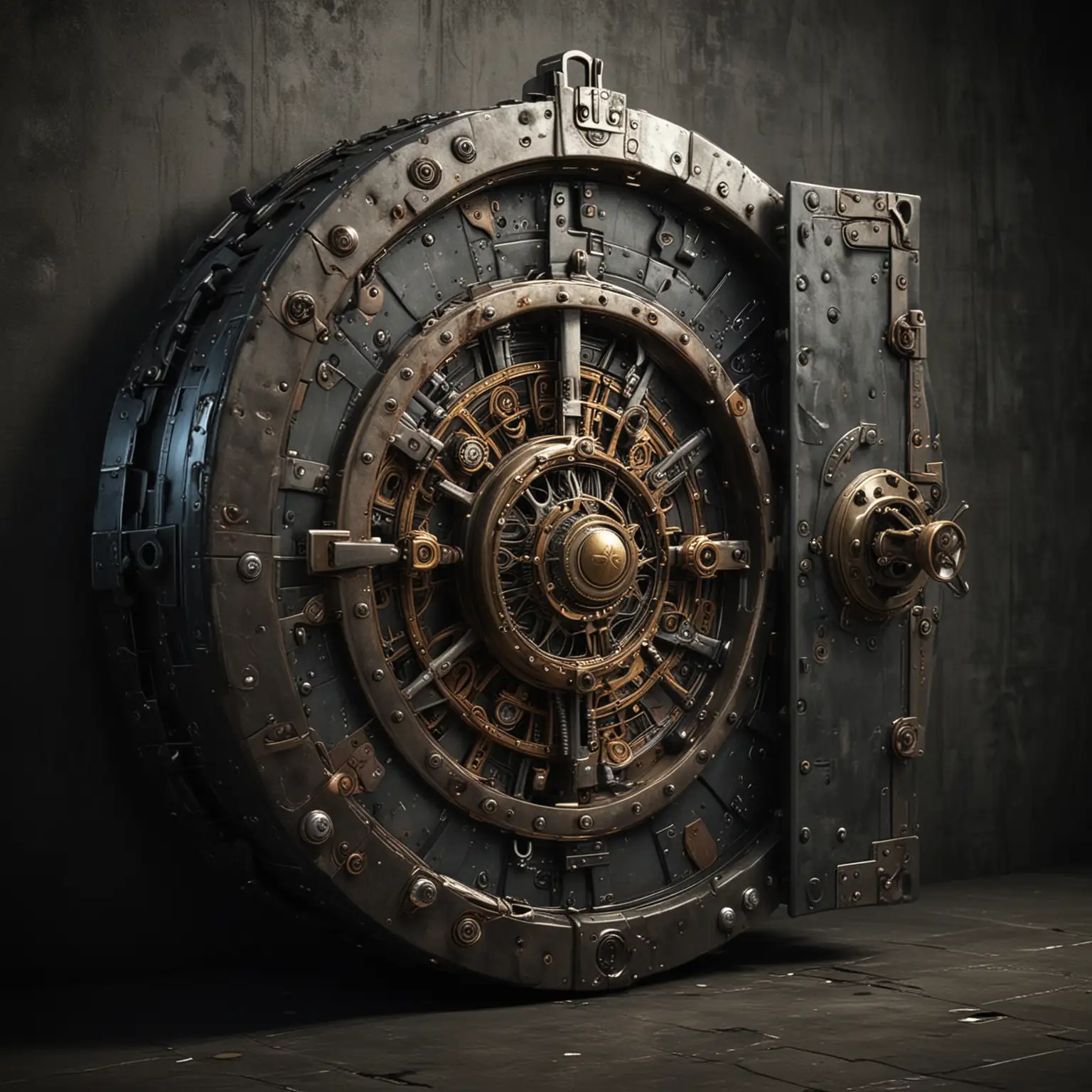 I need an image for a 3d vault with digital access key,  something modern, cool looking and slick
Make sure the color scheme is dark and edgy
Add some futuristic elements to it
with steampunk elements added to it