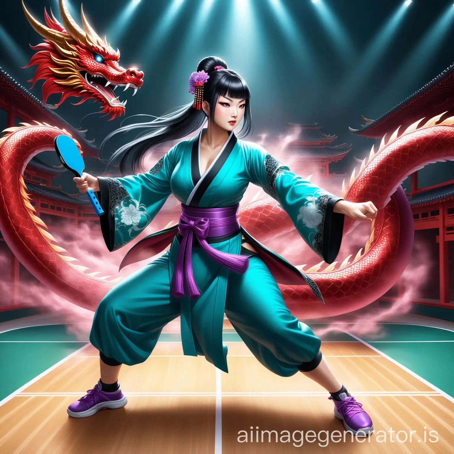 A stylized digital painting mixed oil painting,hyper-maximalism,hyper-realistic,masterpiece,award-winning,ultra detailed,ultra HD, deep black and white hair stunning robust Chinese femme fatale, wearing a deep teal and purple geisha/hanfu, elaborate dragon tattoo on arm,performing a wushu fighting style pose holding a very detailed deep teal and black pickleball paddle ,oriental fanasty theme, deep red glossy reflective glowing ribbon mist swirling in the background, motion shot, dynamic lighting, high saturation,bright colors,8k,hdr,artstation,maya renderer