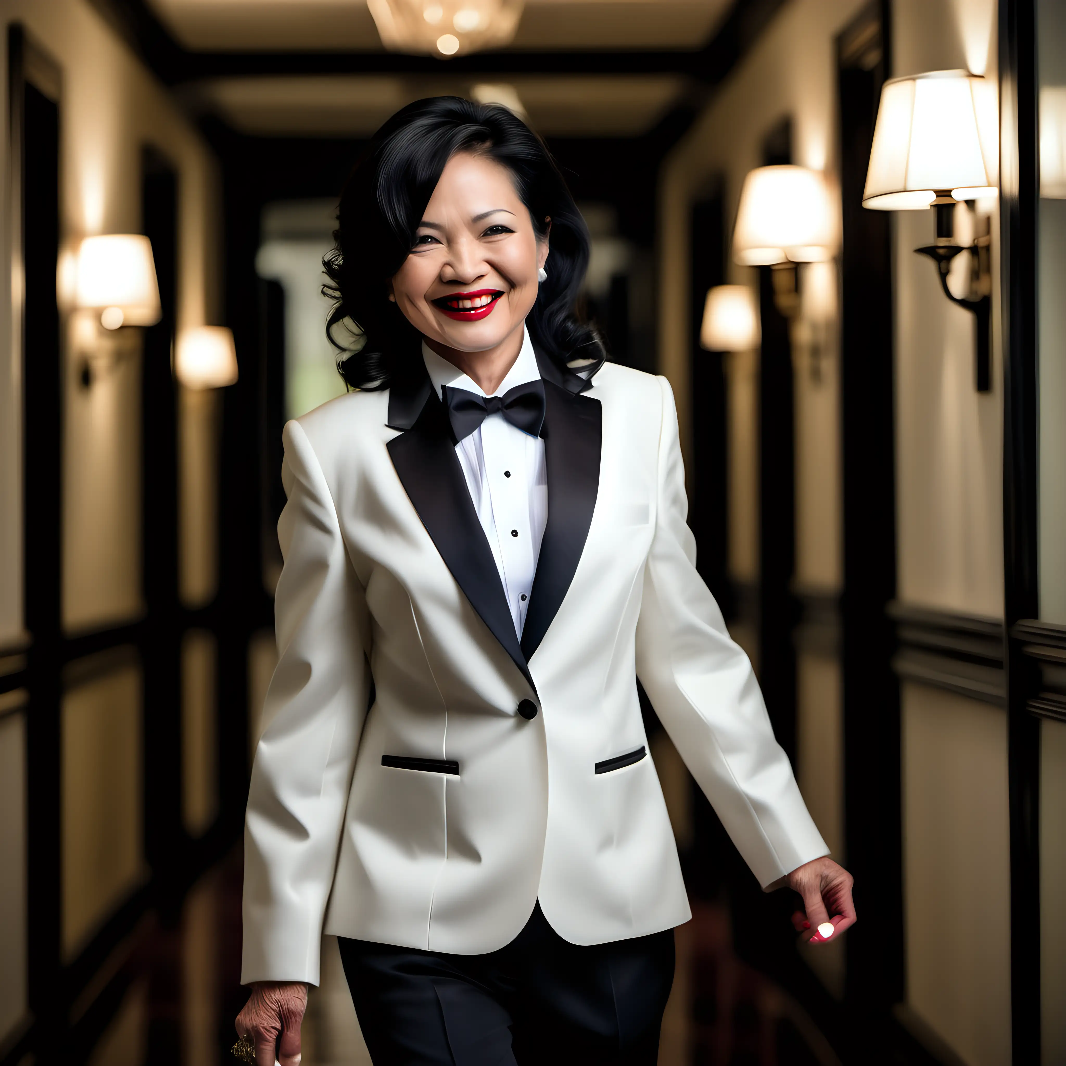 A petite 50 year old gorgeous and smiling and laughing Vietnamese woman with black shoulder length hair and red lipstick wearing a formal tuxedo with an ivory dinner jacket and a black bow tie and black cufflinks and (back pants). Her shirt has French double cuffs. Her jacket is open and has a corsage. She is walking down a dark hallway in a mansion.
