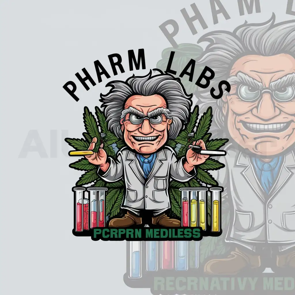 a logo design,with the text "Pharm Labs", main symbol:a highly detailed nft style cartoon of a mad scientist with lots of weed and joints,Moderate,be used in Others industry,clear background