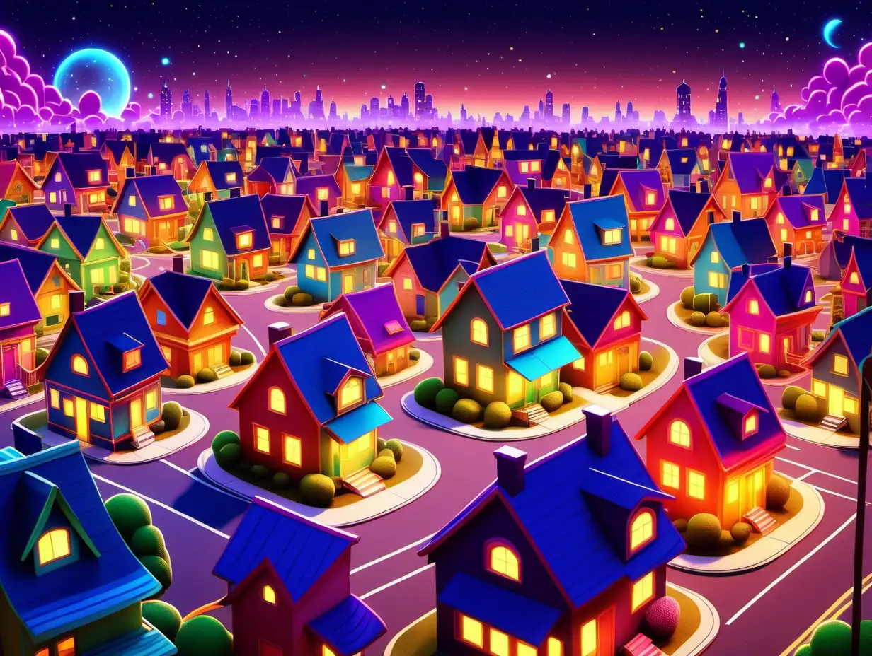 cartoon colorful, animated neighborhood with a magical glow