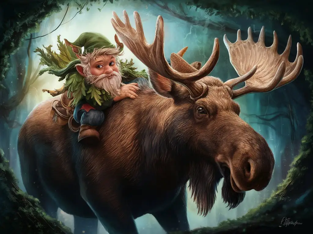 an ultra realistic looking moose with a gnome riding on his antlers. a look of adventure on the gnome's face. place the background in a mystical forest setting. focus on detail in the gmome