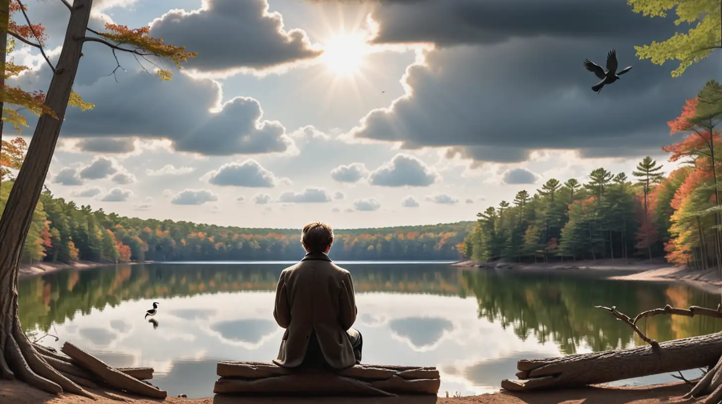 Henry Thoreau Contemplating in Nature at Walden Pond with Mystical Sun and Birds