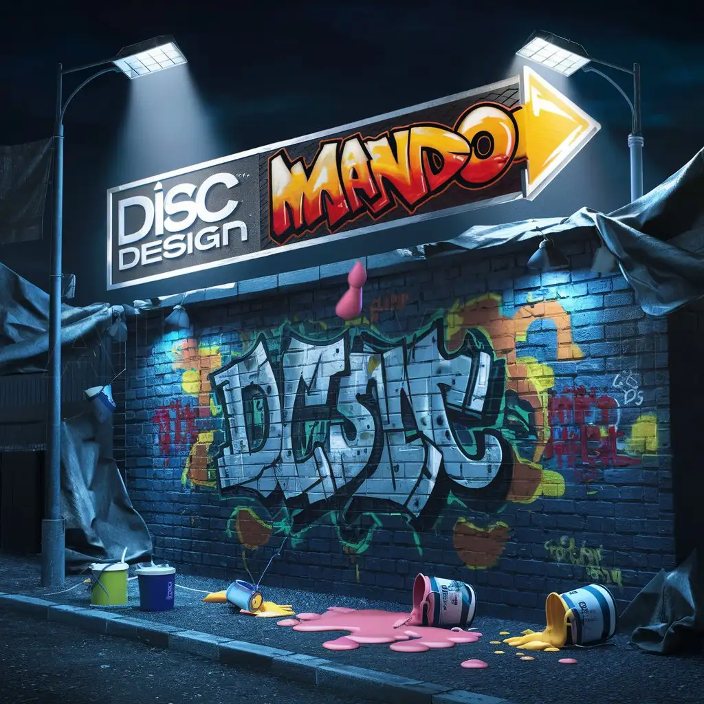 a logo design,with the text "Disc design", main symbol:A fresh illegal graffiti art project on a brick wall, night scene, overhead street lights, In the upper third of the logo there is a wide arrow depicting 'MANDO', deep bright colors, street lighting, graffiti-style text and art, sidewalk strewn with buckets of paint, paint cups, spilled and splashed paint, paint drops flying, tarps. dark background,complex,clear background