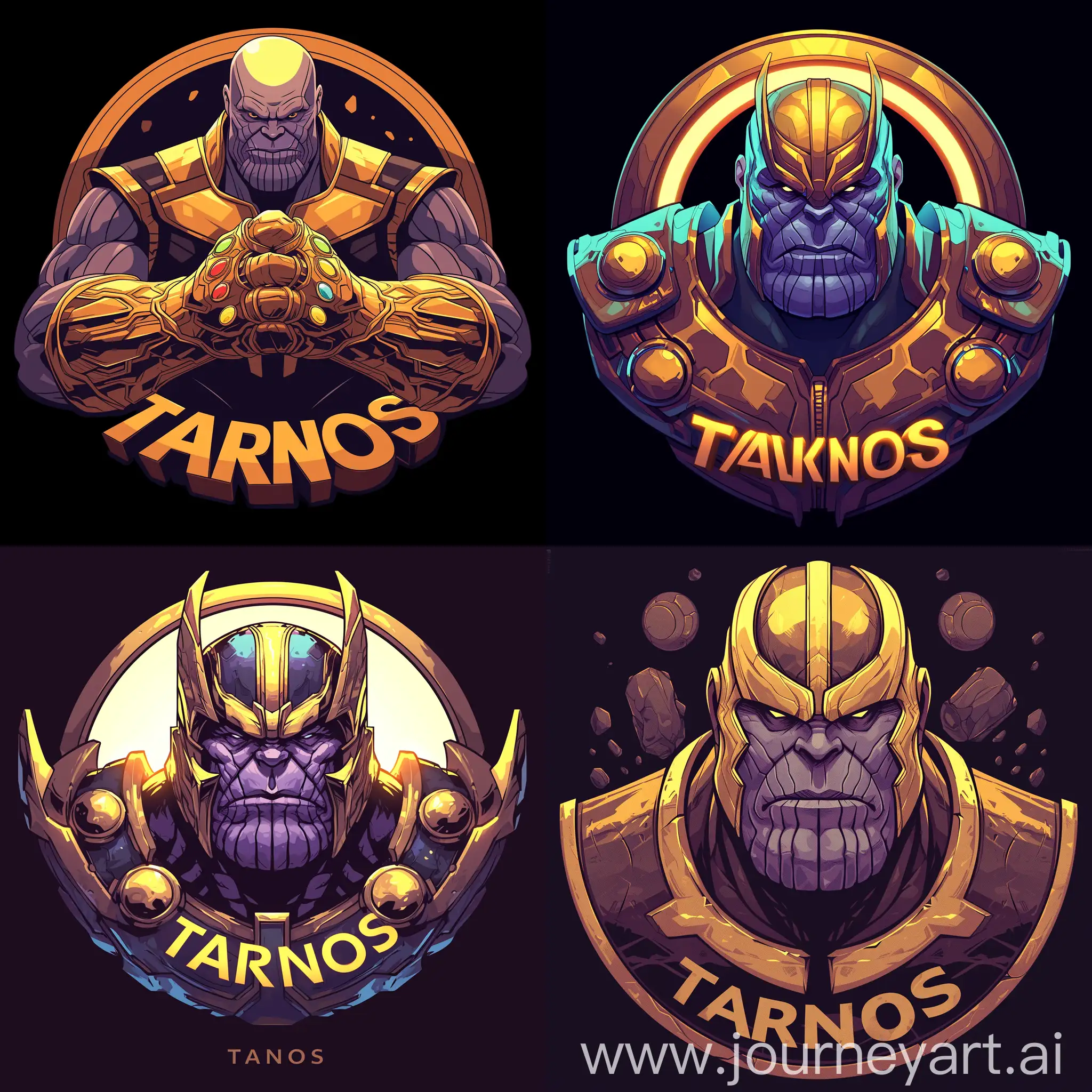 character circular thanos logo with text below the logo that is written in large "THANOS" - cartoon and 2d style - black background - with good color section - that looks detailed - unique and 2d style - with maximum quality - that be awesome --niji 6