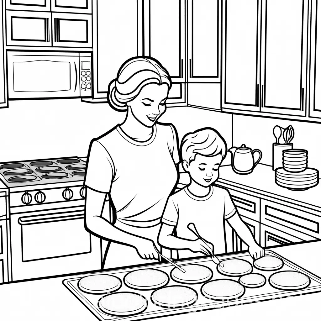 mom and son baking, Coloring Page, black and white, line art, white background, Simplicity, Ample White Space. The background of the coloring page is plain white to make it easy for young children to color within the lines. The outlines of all the subjects are easy to distinguish, making it simple for kids to color without too much difficulty