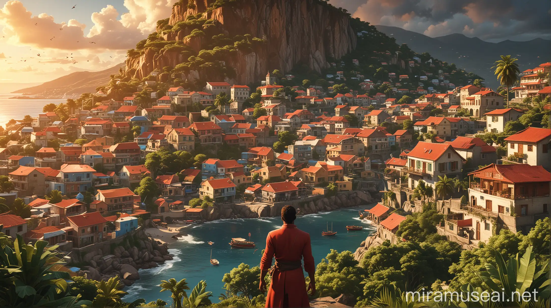 Create a dynamic and captivating video game poster featuring a breathtaking landscape inspired by Guadeloupe. The scene captures the essence of the island during the golden hour, with the warm, glowing light illuminating the coastal town nestled between lush green hills and a sparkling blue bay. The town's red-roofed houses and narrow winding streets are bathed in a golden hue, enhancing the natural beauty and cultural richness. In the foreground in the middle, a male main character stands confidently, but his face is not visible, only his human figure is seen . The poster should evoke a sense of excitement and discovery, with vibrant colors, dynamic composition, and an inviting atmosphere that draws players into the game's world. --v 5 --ar 16:9 --q 2 --style video game poster