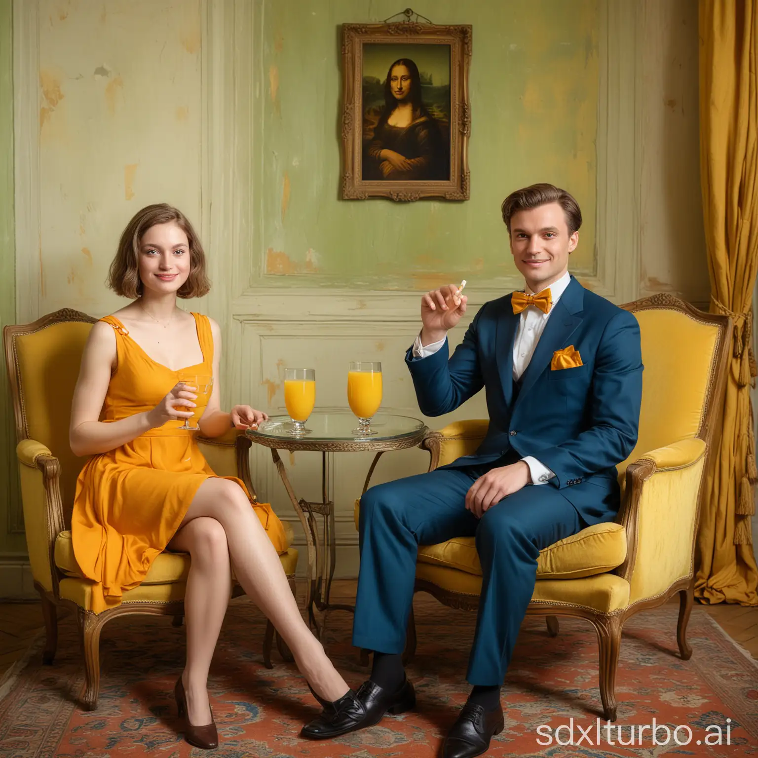 a white man, tall, handsome, brown short hair, man in a blue suit with a bow tie, with a glass of orange juice, looking and smiling at a classy short blond hair woman in a yellow dress holding a glass of orange juice, crossed leg, both seated in a French classicism light green armchair, looking at each other, in a French classicism dark room, light green walls, yellow curtain in the back, light from the left, glass table in the left foreground with a big glass of orange juice on, Mona Lisa on the wall in the background, far portrait view, whole body,