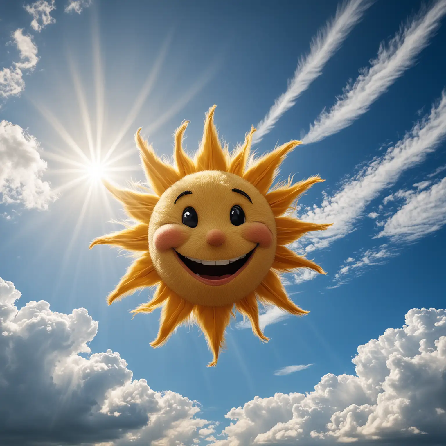 Happy Sunshine Smiling in Blue Cloudy Sky