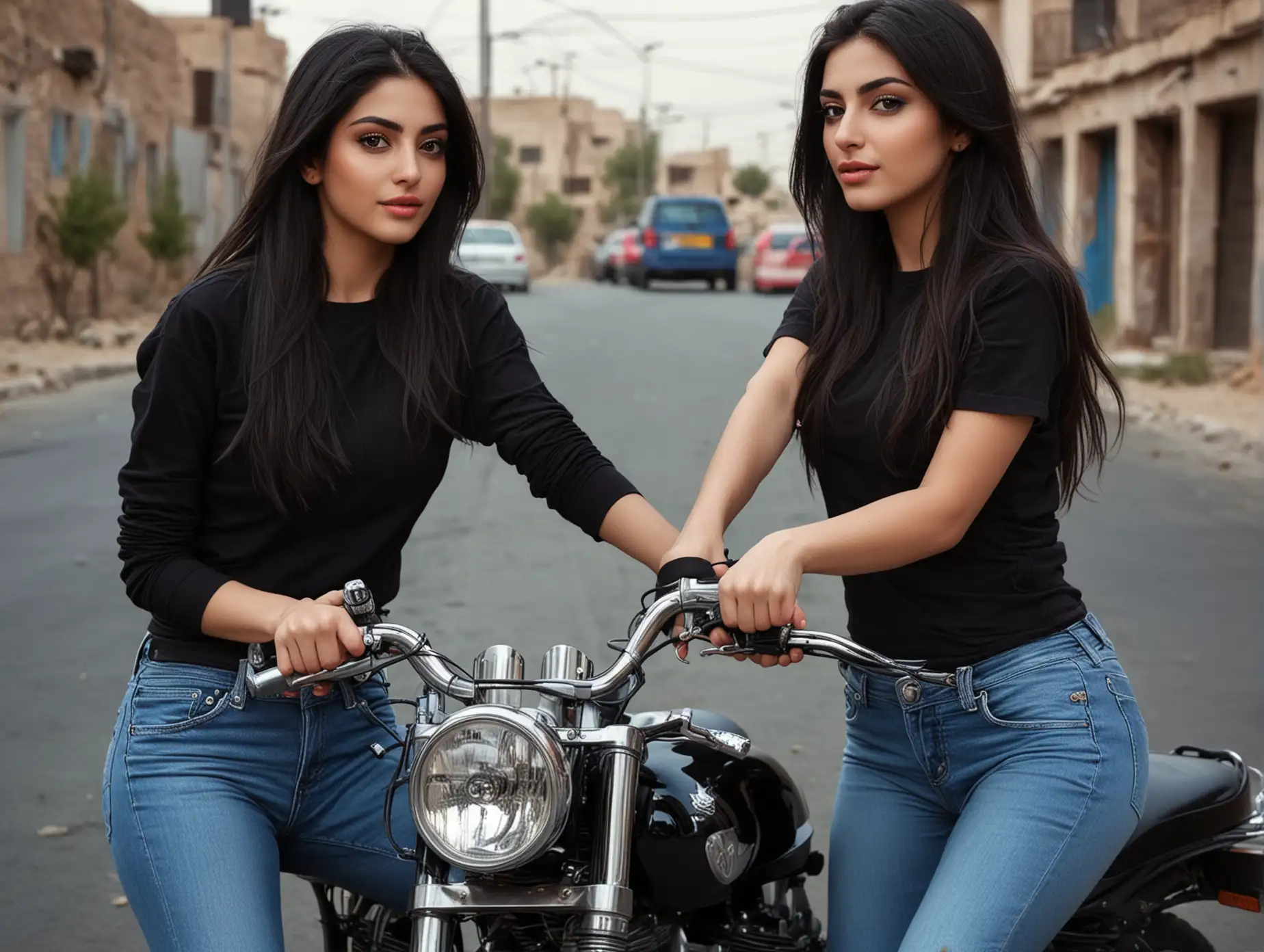 Two iranian hot girls,wearing black t shirt with blue jeans, best makeup, holding each other,driving motor bike ,high contrast, ultra realistic