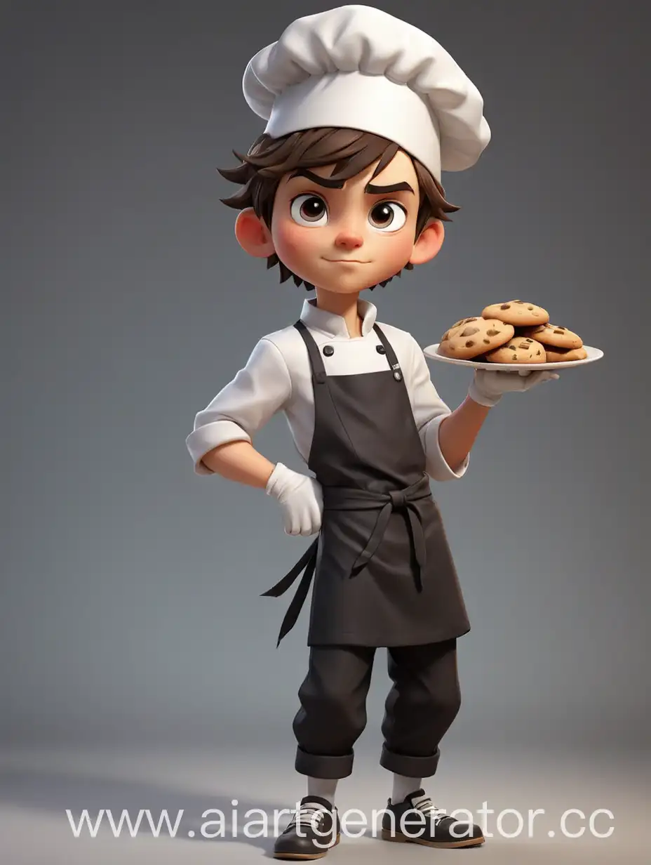 boy in cartoon style, wearing a chef's dark apron, light shirt, white gloves, game character sheet reference, offers a small cookie in the palm, full-body shot, two different poses, full body, 2 poses, maximum detail, best quality, HD, gorgeous light and shadow, detailed design, 3D quality