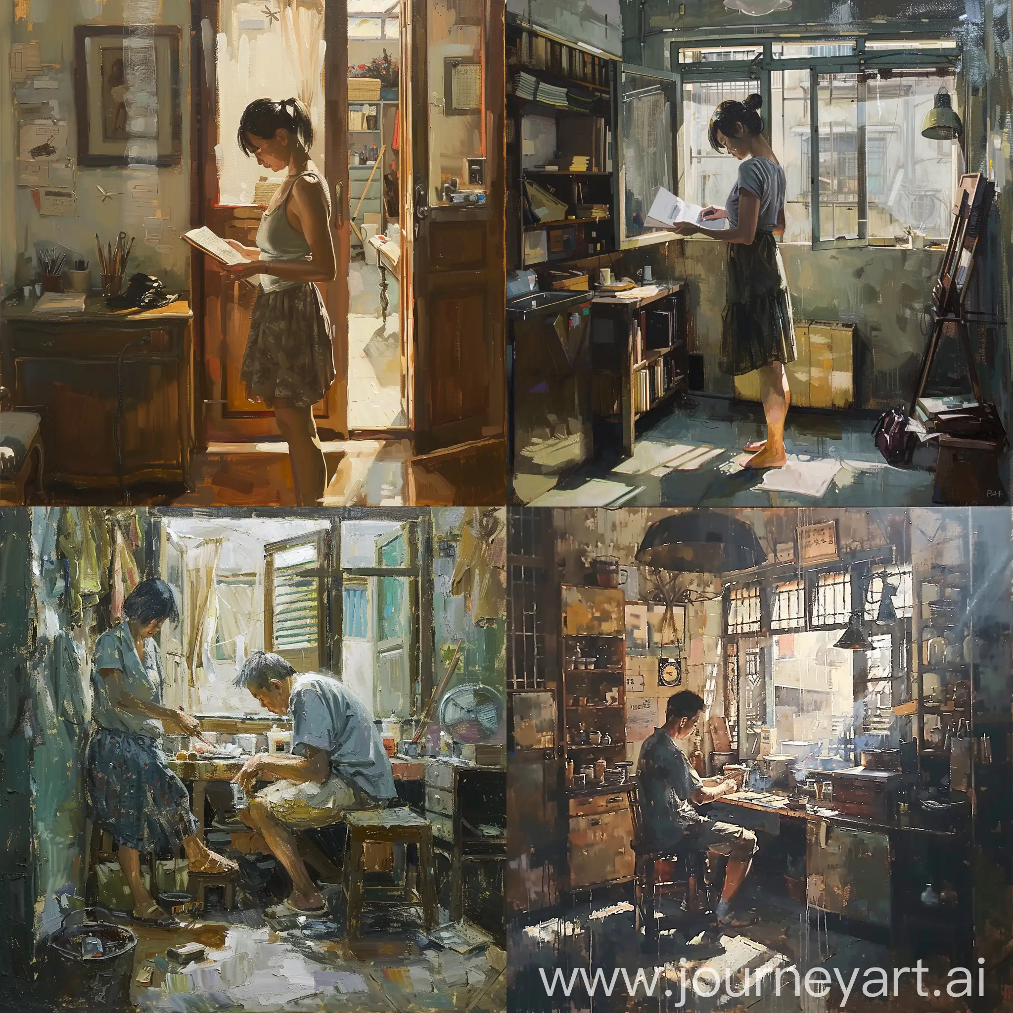genre oil painting with a realistic style, featuring a modern interpretation of daily life. The scene should include a central figure engaged with a contemporary device or activity, set in an indoor environment with natural lighting. Emphasize the play of light and shadow, paying attention to details like clothing, furniture, and subtle textures. Use brush strokes that capture the essence of the original painting, focusing on precision and depth to bring the scene to life