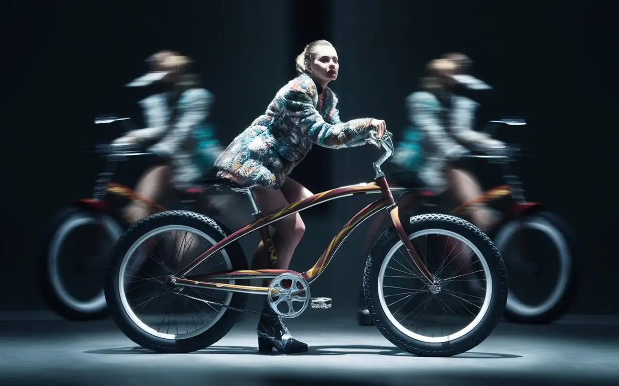 A full-body photograph of bike in the style of unique fashion statement, shot in wide shot image, high contrast, blurry image, bokeh -