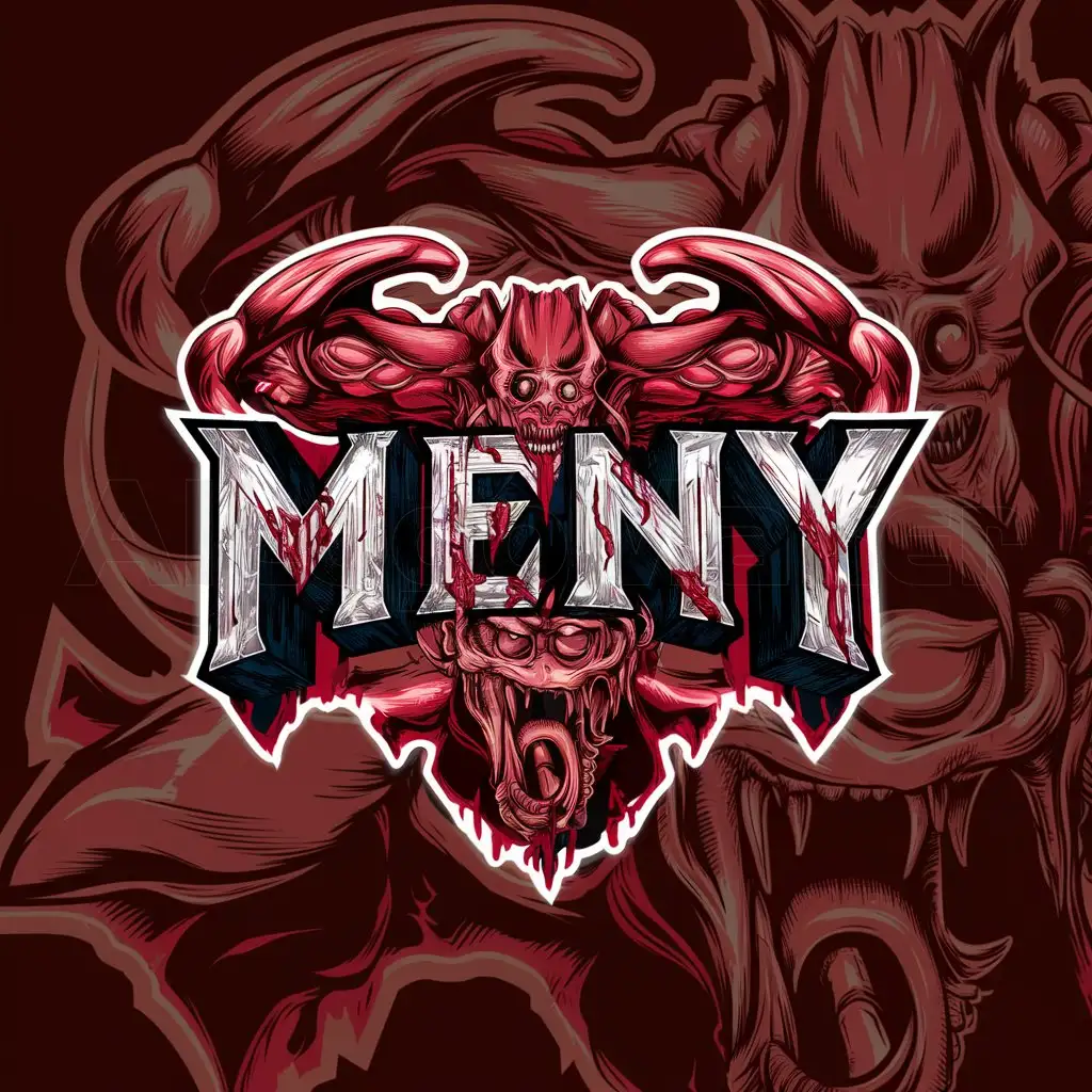 a logo design,with the text "Meny", main symbol:Blood/Muscle/scary,complex,clear background