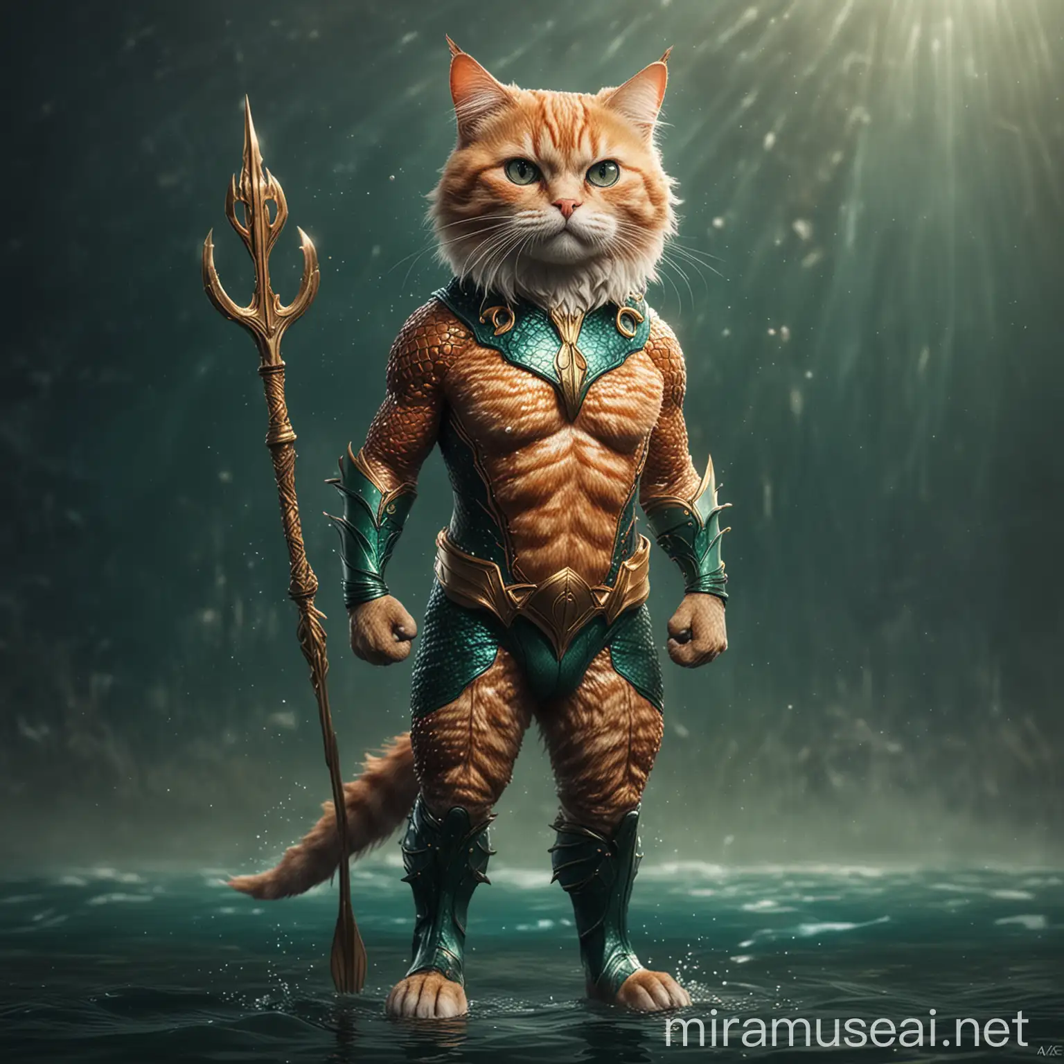 Majestic Cat Pose Inspired by Aquaman Feline Stands Proud in Oceanic Ambiance