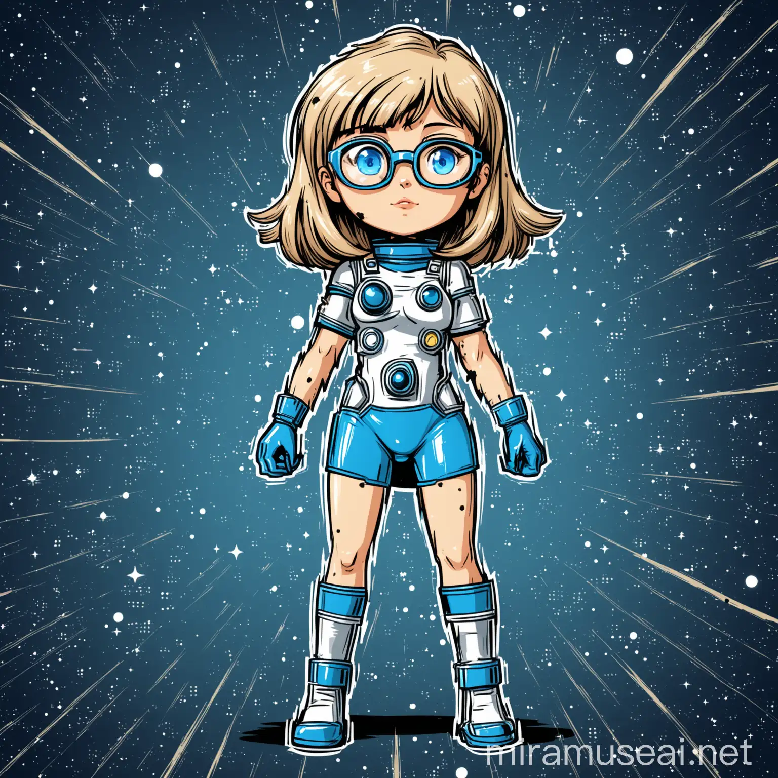 astro girl, full body in comic style, caucasian, with dirty blonde/light brown hair and bangs, and blue eyes with glasses