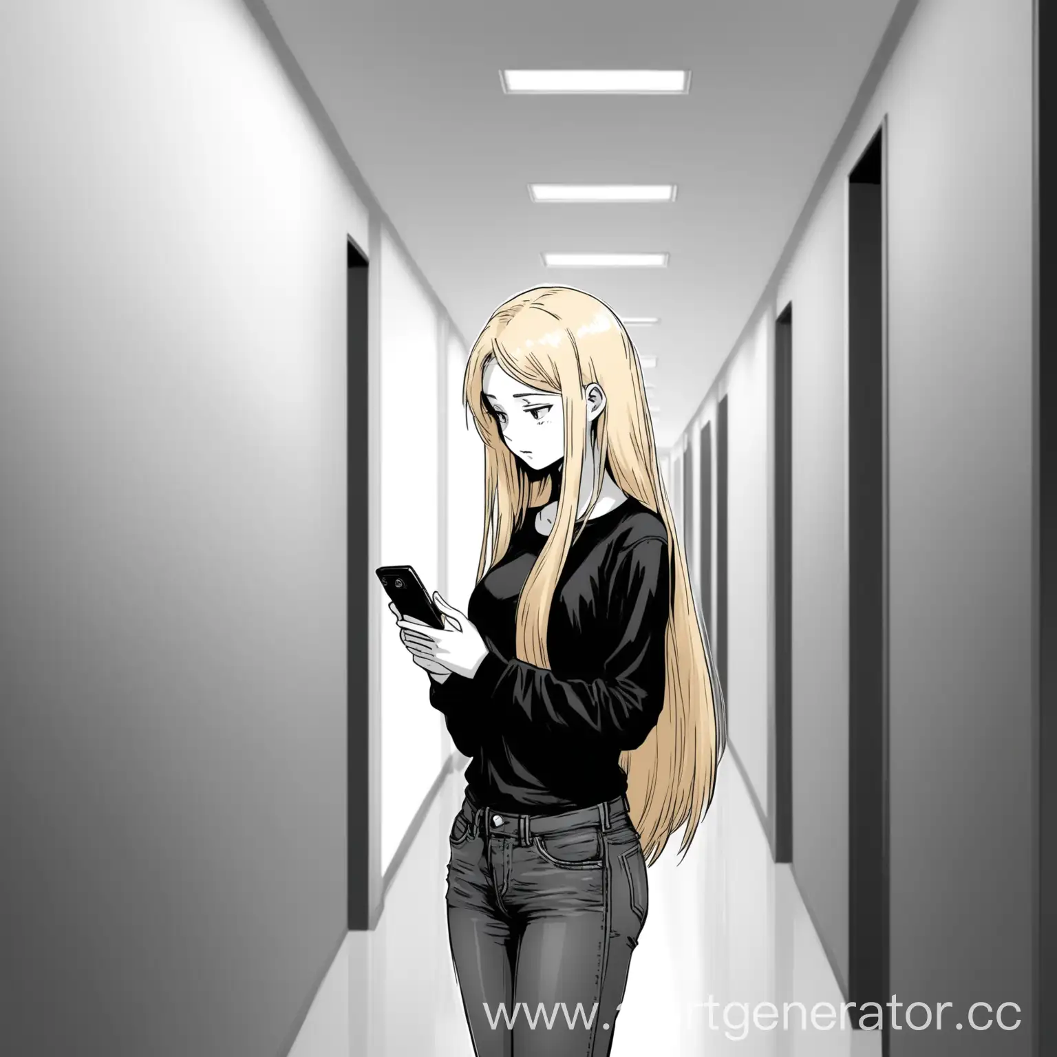 Черно-белая манга. Девушка блондинка с длинными волосами, в черном топе и джинсах, стоит в коридоре университета и смотрит в телефон
