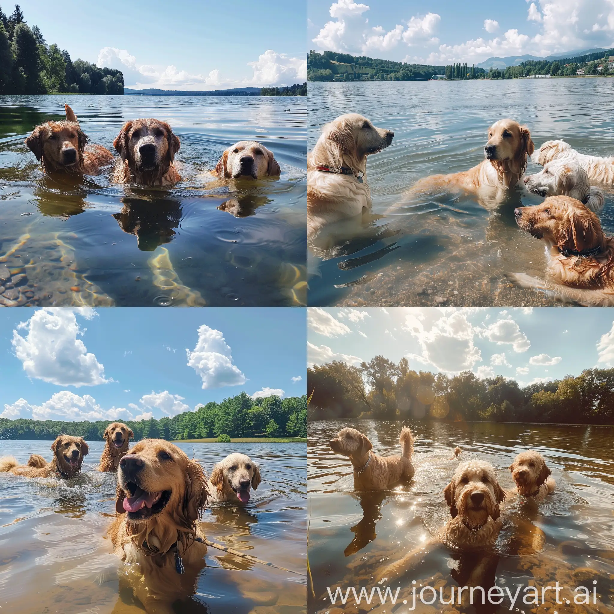 Солнечный день, 3 большие собаки купаются в озере