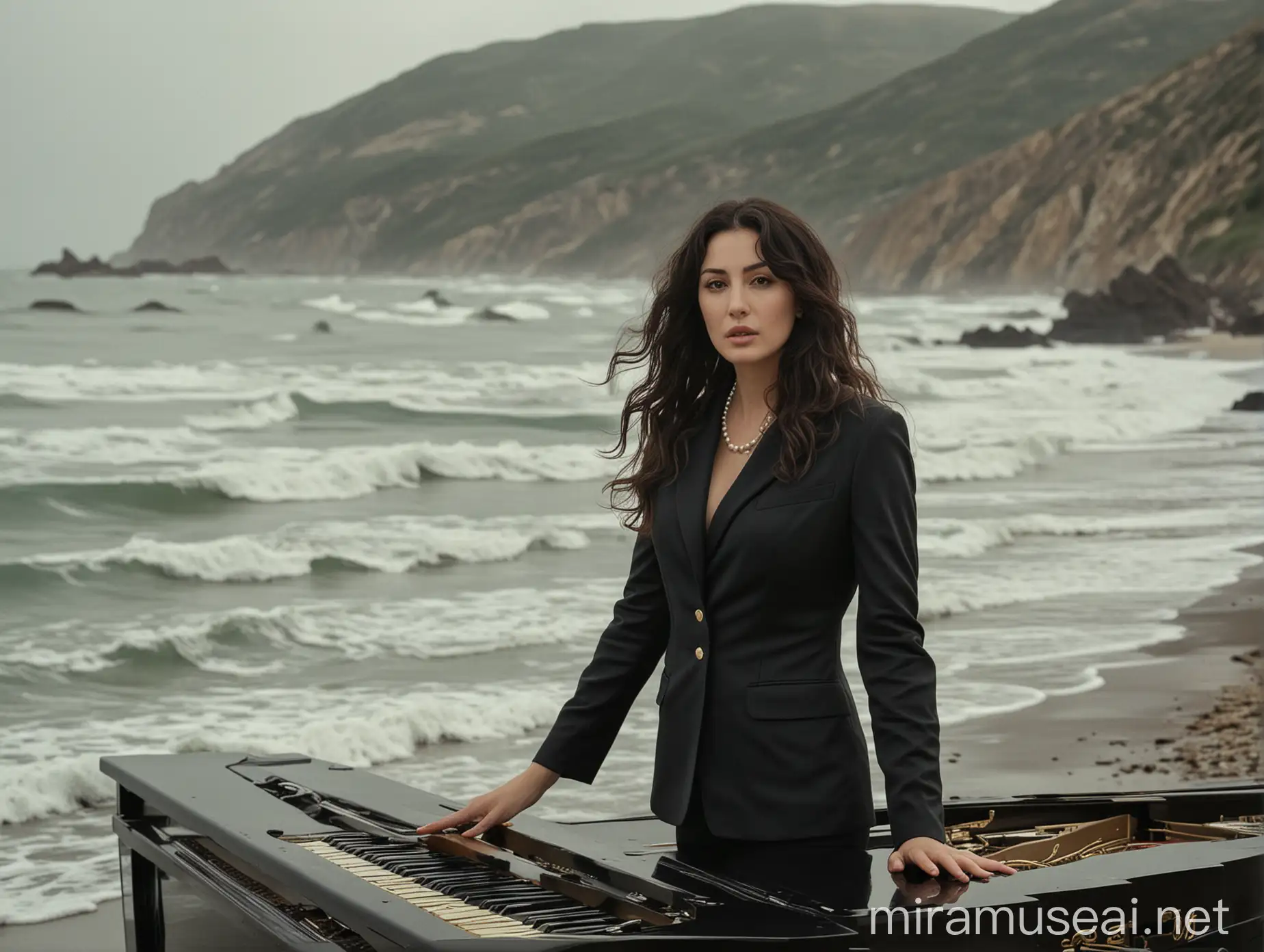 Melancholic Deva Cassel who is Monica Bellucci's daughter, with 60s makeup , wavy hair, wearing  pearl necklace and  black boxy blazer, stands near the big piano on the sea shore, I should sea the piano, the weather is cloudy, there are waves in the sea, hills far away, full shot
