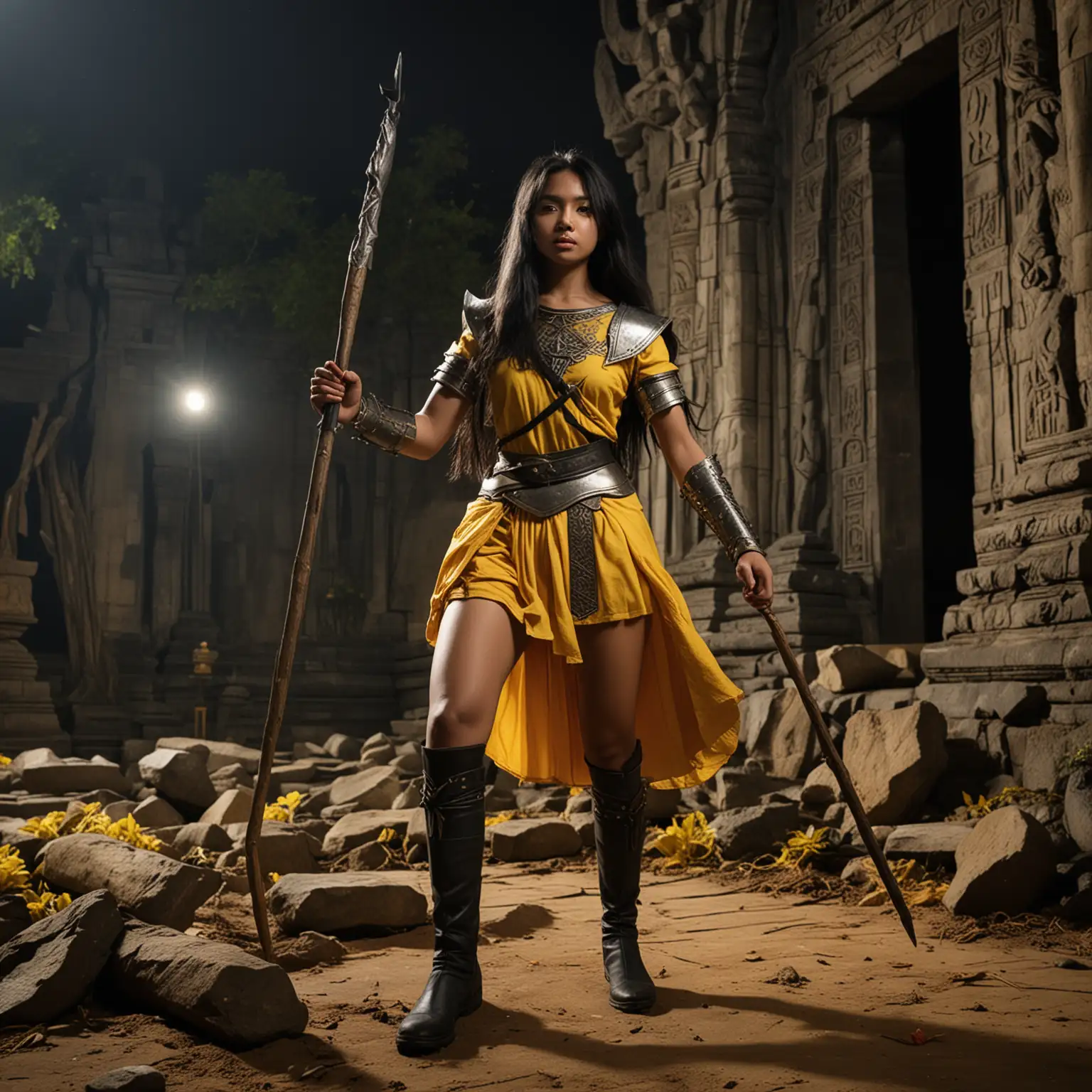 a 16 year old female knight with long black hair, holding a wooden spear, dark skin, wearing a sexy yellow cloth and black boots fighting with large roots coming out of the ground in front of the Indonesian yellow stone temple at night