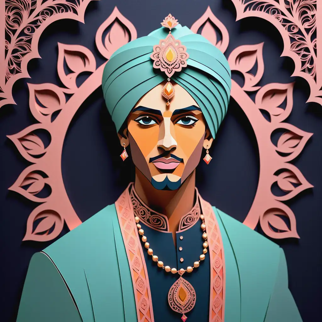 portrait of a young prince of india in turban with jewelry on dark background night in an expensive robe ,paper cutting, color paper , ,2d laser cut paper illustration, layered paper high detail color paper beautiful pastel colors , cut out image flat minimalist