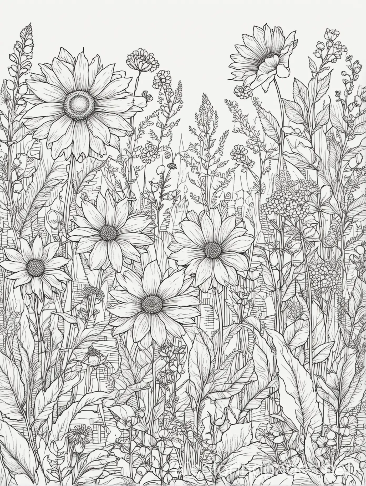 colouring page, wildflowers, adorable, cute, Coloring Page, black and white, line art, white background, Simplicity, Ample White Space. The background of the coloring page is plain white to make it easy for young children to color within the lines. Thick outlines. The outlines of all the subjects are easy to distinguish, making it simple for toddlers to color without too much difficulty, Coloring Page, black and white, line art, white background, Simplicity, Ample White Space. The background of the coloring page is plain white to make it easy for young children to color within the lines. The outlines of all the subjects are easy to distinguish, making it simple for kids to color without too much difficulty