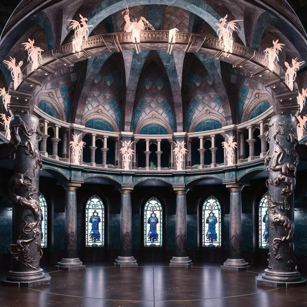 A ring of marble pillars sculpted with images of fairies and demons supports the arched ceiling of this circular chamber. Seven archways spaced evenly around the room’s perimeter lead to empty turrets with tall, stained-glass windows set in their walls. Each window bears the image of a knight in armor.