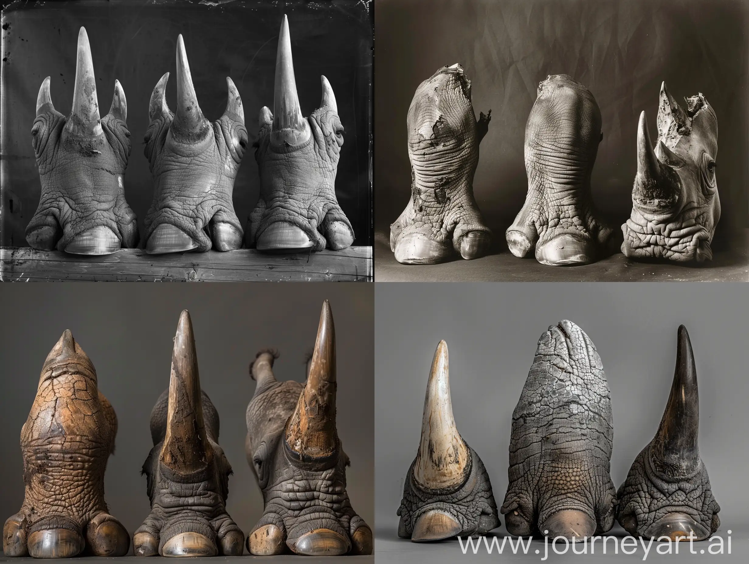 Real documentary photos depicting three rhino hooves (specimens) from a male rhino, a female rhino, and a calf.