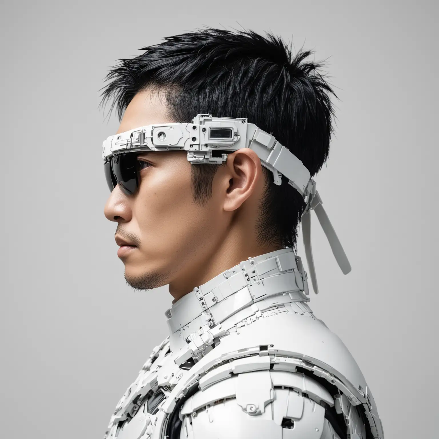 Portrait photograph, side profile view, heroic strong Japanese man with black hair, white bionic eye, white background