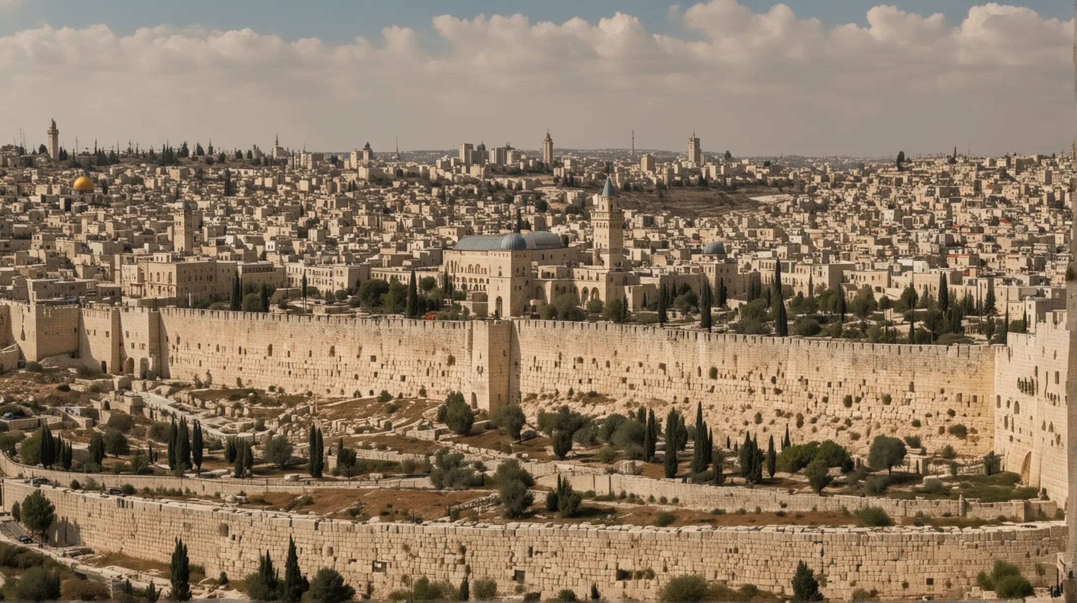 a panorama horizontal of the city view of jerusalem showing it's stone structure from a distance without any mosques