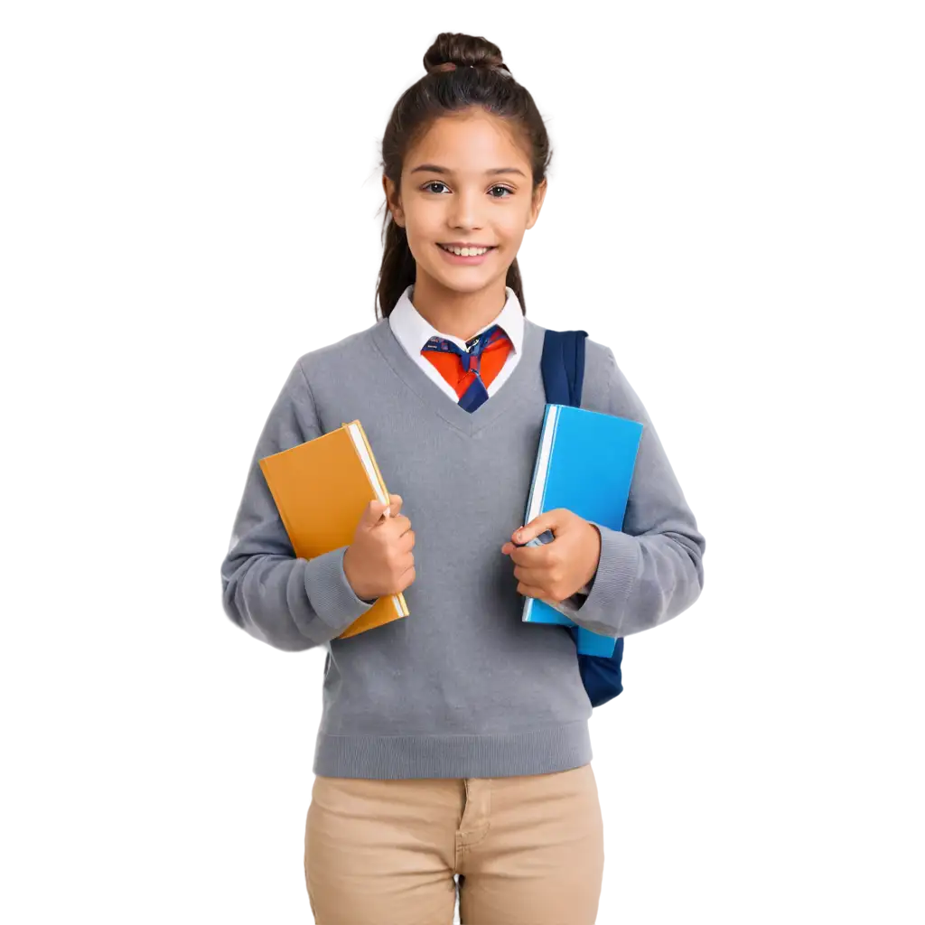 A confident young girl in a school uniform, holding a book and a trophy. The background depicts a collage of successful women in various fields like science, medicine, sports, and arts