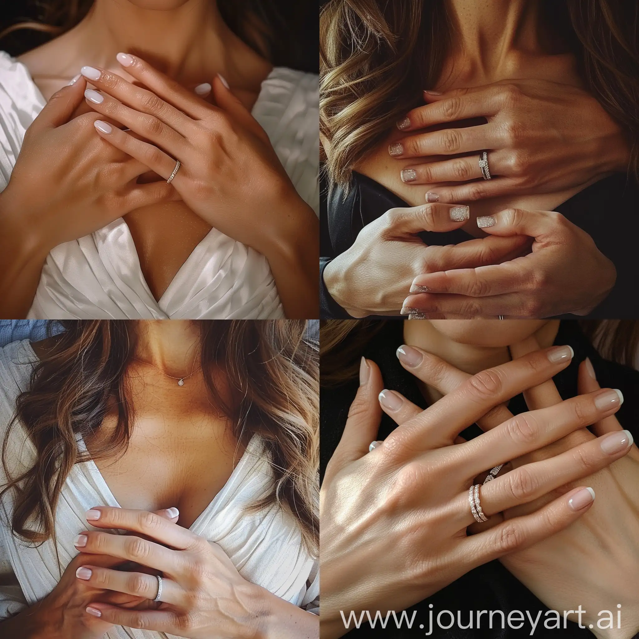 Instagram photo: Woman's hands resting atop her chest, beautiful hands, perfect nails, wedding ring