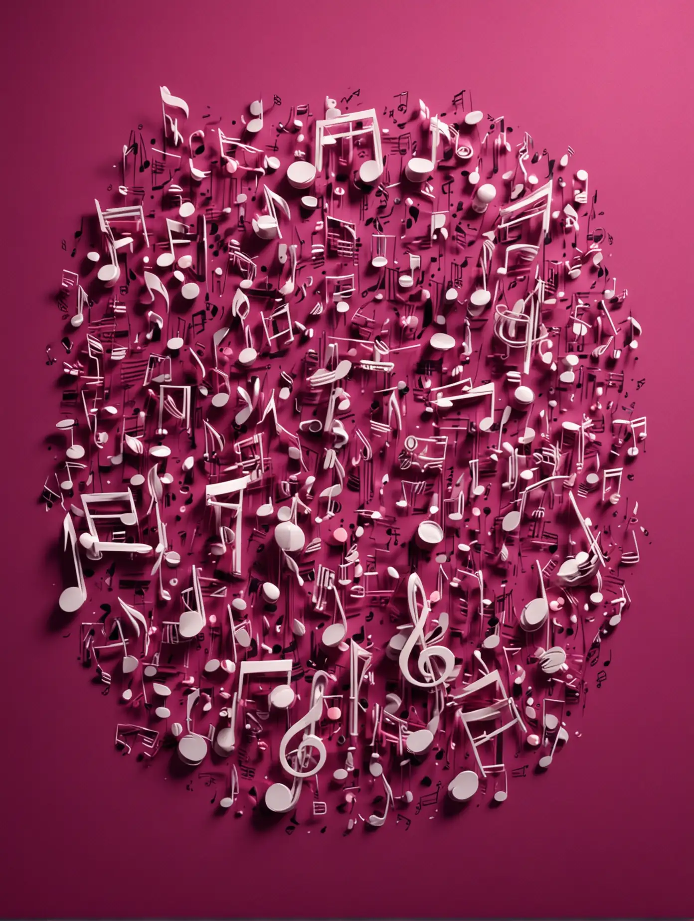 Large 3D musical notes scattered on a dark fuchsia background