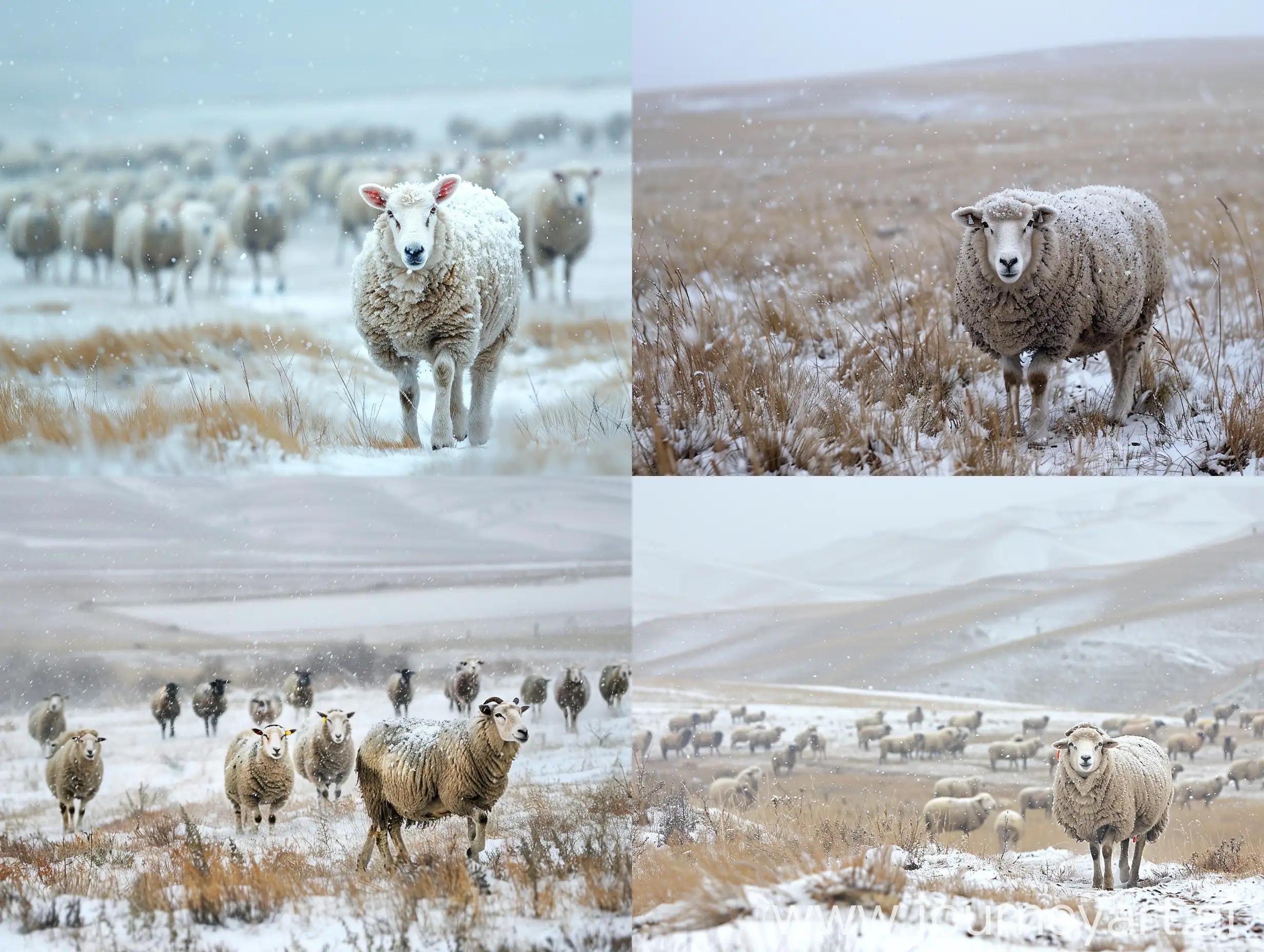 内蒙古大草原下着大雪，还有羊再走