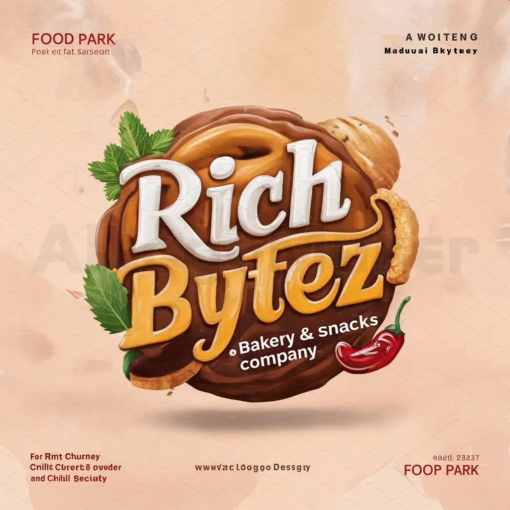 a logo design,with the text "rich bytez", main symbol: "Logo Prompt: Rich Bytez - Bakery and Snacks
Concept: The logo will be a playful and appetizing design that combines the ideas of delicious baked goods and snacks with a sense of freshness.
Elements:
Name: 'Rich Bytez' written in a warm, friendly font that evokes a feeling of comfort and satisfaction..
Color Palette:
Dominant colors: Warm and inviting tones like brown, orange, and yellow to evoke the feeling of freshly baked goods.
Accents: Consider adding a pop of color that reflects a local Madurai specialty (e.g., green for mint chutney, red for chilli powder).
Style:
Realistic: The icon and elements should have a slightly realistic feel, with some depth and texture.
Playful: The overall design should be inviting and lighthearted, reflecting the fun and delicious nature of your products.
Additional Considerations:
Scalability: The logo should be designed to work well at different sizes, from small business cards to large storefront signs.
Versatility: Consider if you want the logo to be used with or without the company name 'Rich Bytez' for different applications.
Example Text:
'Rich Bytez: Fresh Bakez & Snackz (written below the icon)
'Rich Bytez' (written within the design, if space allows)""

(The input is already in English, so there is no need to translate it.),complex,be used in food park industry,clear background