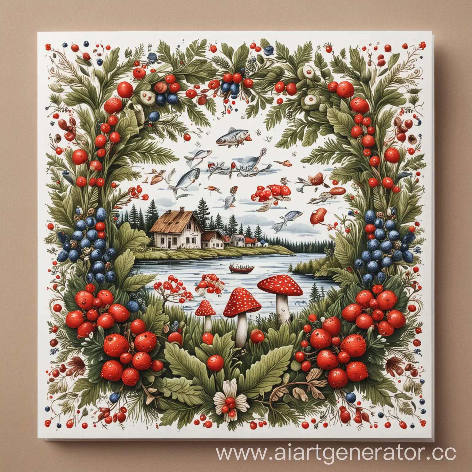 Karelian-Motifs-Greeting-Card-Rustic-Village-Life-with-Berries-Mushrooms-and-Fishing