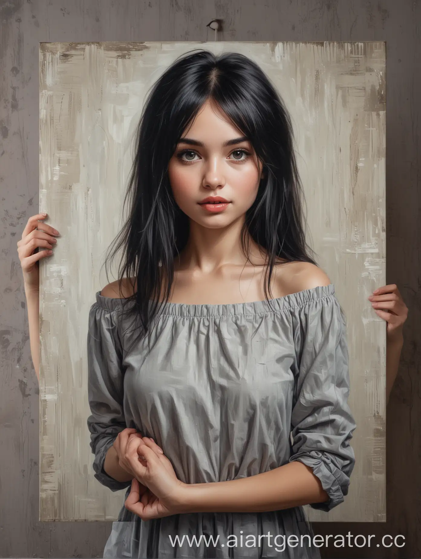 A portrait on canvas measuring 50x70 centimeters is held in the hands of a beautiful slender black-haired girl