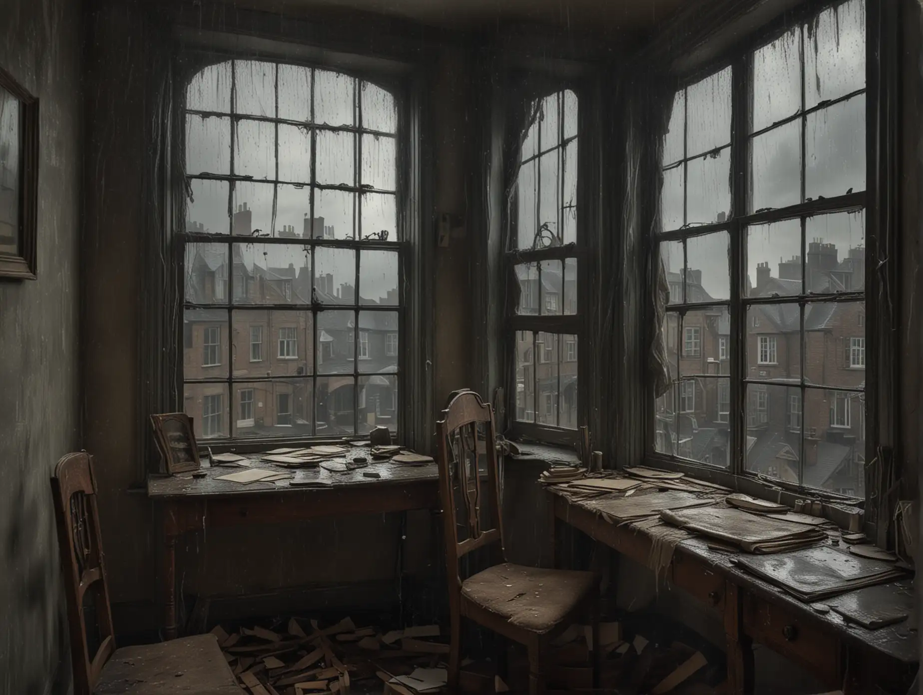spooky edwardian study with rainstorm and empty town streets outside window