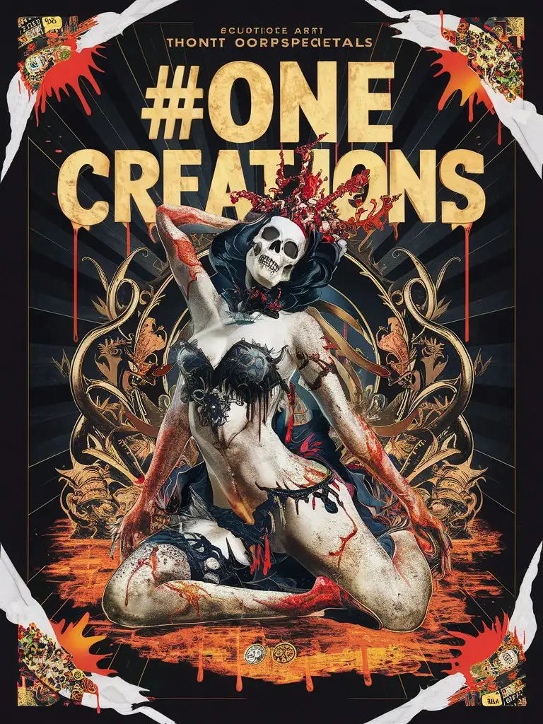 design a poster bold 'title: #one creations' featuring crazy horror skull odalisque, chaotic crown, sexy horror, chaos ornamental, asymmetrical, chinese poster, torn poster edge, alphonse mucha hyper detailed, high contrast colors, deep perspective background, explosive dripping colors, sticker art