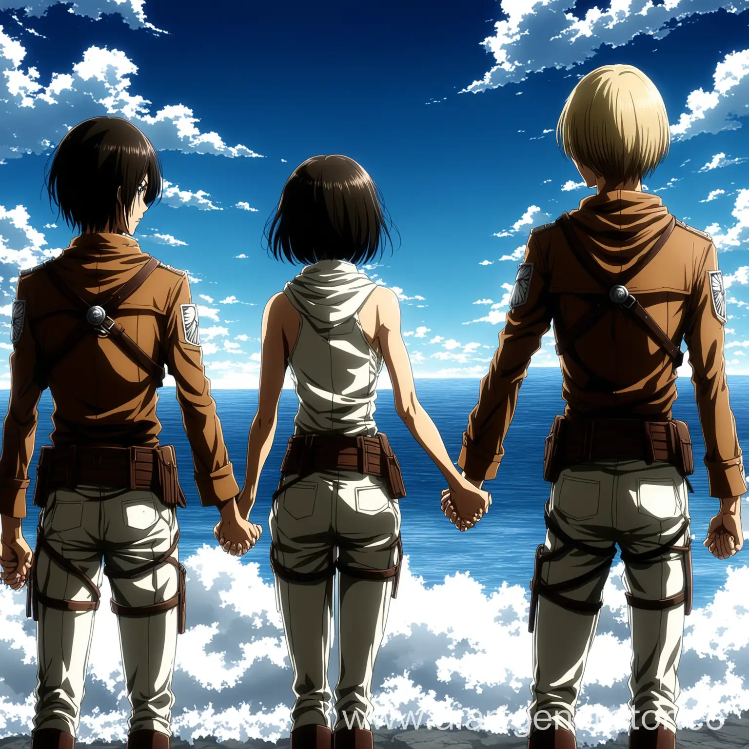 Attack-on-Titan-Characters-Mikasa-Armin-and-Eren-Holding-Hands-by-the-Sea